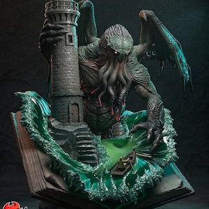 May include: A detailed resin sculpture featuring a winged, tentacled creature emerging from a book, clutching a stone lighthouse with a glowing green lantern. Below, a small boat with a figure floats on translucent green waves. Text reads PATREON H3LL CREATOR.