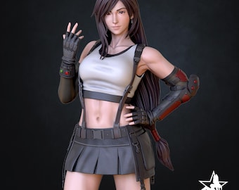 Puede incluir: Una figura impresa en 3D de un personaje con cabello largo castaño oscuro, vistiendo una camiseta sin mangas blanca, falda plisada negra, guantes sin dedos y protectores de brazo oscuros con detalles rojos. Texto: PATREON.COM/0X03DPRINTING, TIFA, JULY RELEASE (2026).