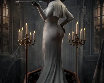 Puede incluir: Una figura alta de piel pálida que viste un vestido largo de color claro, un sombrero negro de ala ancha y guantes negros. La figura sostiene una boquilla larga y delgada. Dos candelabros de latón ornamentados de varios brazos con velas encendidas se encuentran a ambos lados de la figura. Un pequeño logotipo de diablo rojo con el texto H3LL CREATOR es visible en la esquina inferior izquierda.