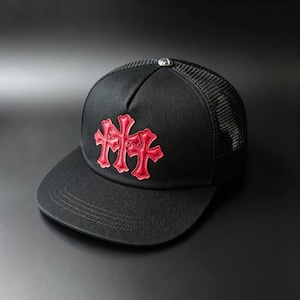 May include: A black trucker cap featuring a structured front panel with three embroidered red cross emblems. The cap includes a flat brim, a silver-toned button at the crown, and a breathable mesh back panel for ventilation and a secure fit.