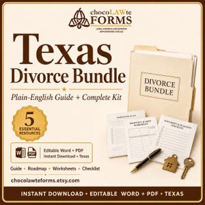 Pode incluir: Um kit de formulários legais Texas Divorce Bundle com uma pasta bege rotulada Divorce Bundle, três folhas de trabalho brancas intituladas Parenting Plan, Property & Debt Worksheet e Document & Deadline Checklist, uma caneta preta, um pingente em forma de casa e uma chave.