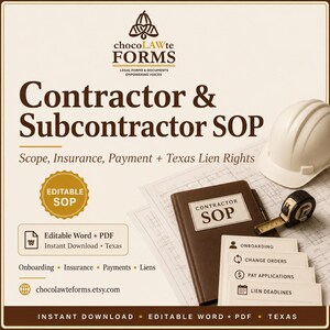 May include: A digital document set titled Contractor & Subcontractor SOP featuring text about scope, insurance, payment, and Texas lien rights. Includes a white hard hat, a brown notebook labeled Contractor SOP, a tape measure, and index cards.