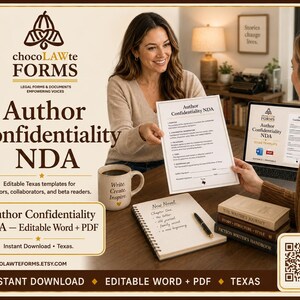 Pode incluir: Um modelo de documento NDA de confidencialidade para autores no Texas, com arquivos Word e PDF editáveis. A imagem mostra um contrato impresso, um laptop exibindo o arquivo digital, um caderno, uma caneta, uma caneca e livros sobre uma mesa.