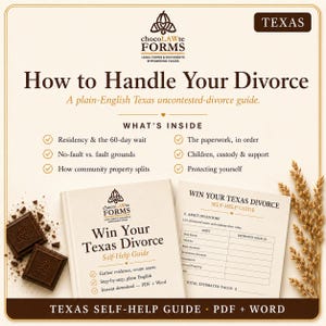 May include: A digital guide titled How to Handle Your Divorce, a plain-English Texas uncontested-divorce guide. The document includes sections on residency, no-fault grounds, property splits, and custody. It features a Win Your Texas Divorce self-help guide.