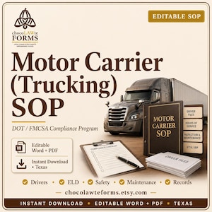 May include: A digital Motor Carrier Trucking SOP compliance program document set featuring a brown binder labeled Motor Carrier SOP, a clipboard with a compliance checklist, a stack of driver files, and a semi-truck graphic with text including DOT/FMCSA.