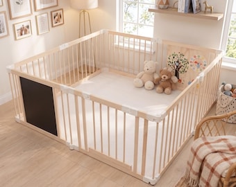 Large Wooden Baby Playpen, Chalkboard Panel, Reconfigurable Montessori Yard (New Zealand Pine)