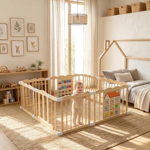Peut inclure: Un parc pour enfant en bois clair doté de barreaux verticaux, de connecteurs d'angle blancs et de deux panneaux d'activités intégrés. Un panneau présente un boulier coloré et un labyrinthe de perles, l'autre une grille numérotée en forme de maison.