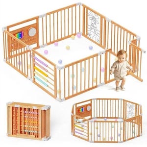 Peut inclure: Un parc pour enfants en bois avec des barreaux verticaux clairs et des connecteurs en plastique blanc. Il comprend un xylophone intégré, un miroir circulaire, un boulier et un panneau illustré d'un moulin. Inclut un tapis blanc et des balles.