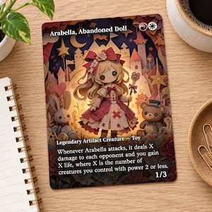 May include: A rectangular trading card titled Arabella, Abandoned Doll featuring a blonde doll with button eyes wearing a red bow and dress, flanked by a rabbit and a teddy bear. The background shows a paper-cut style castle and stars.