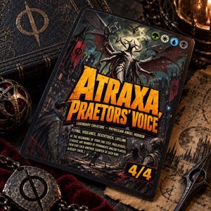 May include: A rectangular trading card titled Atraxa, Praetors' Voice, featuring a multi-winged creature illustration, bold yellow text, and game statistics. The card displays the text Legendary Creature - Phyrexian Angel Horror, 4/4, and lists abilities including Flying, Vigilance, Deathtouch, and Lifelink.