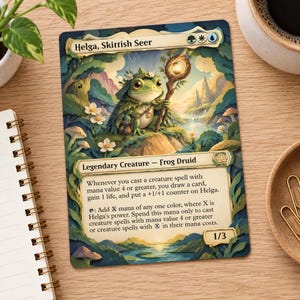 May include: A rectangular trading card titled Helga, Skittish Seer featuring a green frog druid character holding a glowing staff. The card displays game text, mana symbols, and a power and toughness of 1/3, set against a lush forest landscape.