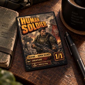 May include: A rectangular trading card titled Human Soldier featuring a soldier in tactical gear holding a rifle against a war-torn background. The card displays the text Creature - Human Soldier, 1/1, and Add to tray, with a dark color palette of orange, brown, and black.