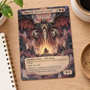 Pode incluir: Uma carta colecionável retangular intitulada Valgavoth, Harrower of Souls, apresentando uma figura demoníaca com chifres central cercada por espíritos fantasmagóricos em tons de vermelho, roxo e creme. O texto inclui Legendary Creature, Elder Demon e 4/4.
