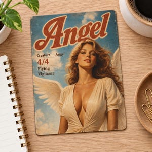May include: A rectangular print featuring a vintage-style illustration of a person with large white wings against a blue sky. The text reads Angel, Creature - Angel, 4/4, and Flying Vigilance in a retro font. The design has a weathered texture.