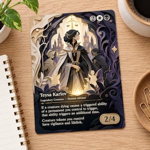 May include: A Magic: The Gathering trading card featuring Teysa Karlov, a legendary creature human advisor. The card art displays a layered paper-cut style illustration of a figure in dark robes before a castle, with text detailing abilities.