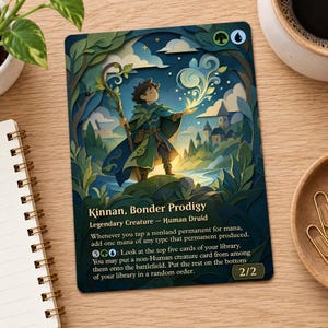 May include: A rectangular trading card titled Kinnan, Bonder Prodigy, featuring a layered paper-cut style illustration of a human druid holding a staff and casting magic. The card displays game text, mana symbols, and a 2/2 power and toughness rating.