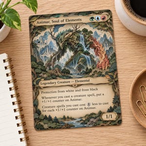 May include: A 3D layered paper art card titled Animar, Soul of Elements, featuring a central elemental creature made of wood and foliage, waterfalls, and mountains. The card displays game text, mana symbols, and a 1/1 power and toughness rating.