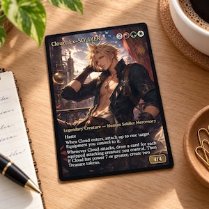 May include: A rectangular trading card featuring an illustration of a spiky-haired character named Cloud, Ex-SOLDIER. The card displays text including Haste, ability descriptions, and a 4/4 power and toughness rating in the bottom right corner.