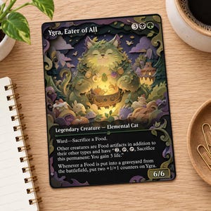 May include: A rectangular trading card titled Ygra, Eater of All, featuring a layered paper-cut style illustration of a large, fluffy green elemental cat holding a bowl of food, surrounded by small creatures, with black text and a 6/6 power/toughness.