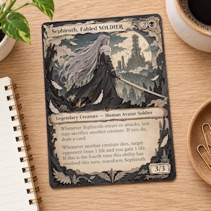 May include: A layered 3D shadowbox trading card featuring Sephiroth, Fabled SOLDIER, a legendary creature with long silver hair and a sword. The card displays game text, a 3/3 power and toughness, and a dark, intricate fantasy landscape background.