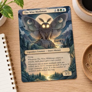 Pode incluir: Uma carta colecionável retangular intitulada The Wise Mothman com uma ilustração central de uma criatura semelhante a uma mariposa com olhos brilhantes diante de uma lua cheia. O texto inclui Legendary Creature, Insect Mutant e regras.