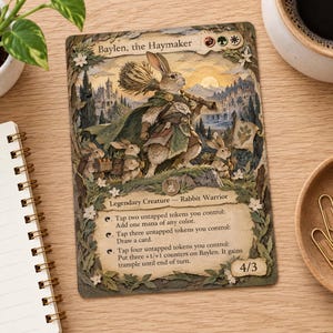 Può includere: Una carta collezionabile rettangolare intitolata Baylen, the Haymaker con l'illustrazione di un coniglio guerriero. La carta mostra testo di gioco, simboli di mana e una forza di 4/3. Il bordo è decorato con un motivo di foglie e fiori.