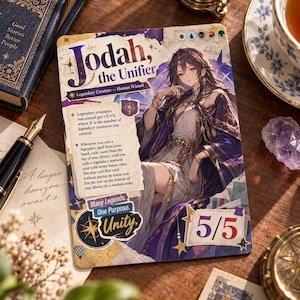 May include: A rectangular trading card titled Jodah, the Unifier, featuring a purple-clad human wizard illustration. The card displays game text, mana symbols, and a 5/5 power and toughness rating. It includes the text Many Legends. One Purpose. Unity.