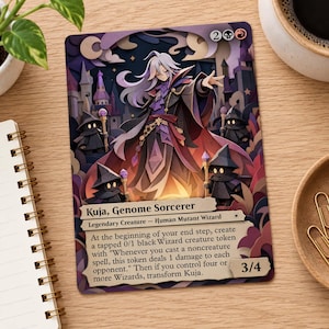 May include: A Magic: The Gathering trading card titled Kuja, Genome Sorcerer, featuring a central character with long white hair in a dark robe, surrounded by small hooded figures. The card text details the legendary creature and its abilities.