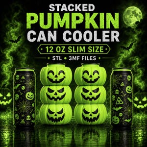 May include: A digital product listing for a STACKED PUMPKIN CAN COOLER 12 OZ SLIM SIZE STL 3MF FILES. The image displays two black slim cans with green Halloween patterns and two stacks of three bright green jack-o'-lantern pumpkin shapes.