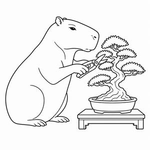 May include: A black and white line art illustration of a capybara standing on its hind legs, using a pair of handheld pruning shears to trim the foliage of a small bonsai tree that is potted in a shallow dish and resting on a wooden stand.