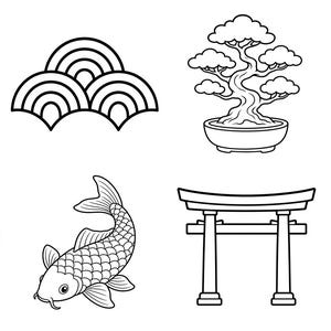 Japanese Motif Line Art Clipart Set | Sakura, Bonsai, Koi, Torii (8 PNGs)