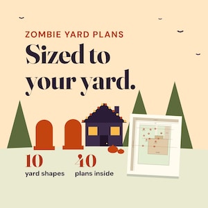 Puede incluir: Un dise&ntilde;o gr&aacute;fico con el texto ZOMBIE YARD PLANS Sized to your yard. Muestra dos iconos de l&aacute;pidas naranjas, una casa morada oscura con ventanas amarillas, dos calabazas naranjas y un plano de sitio con 10 formas de jard&iacute;n y 40 planos.