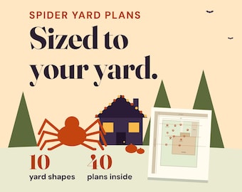 Op de afbeelding: Een grafische advertentie voor Spider Yard Plans met de tekst "SPIDER YARD PLANS Sized to your yard." Het toont een bruine spin, een donker huis met gele ramen, twee pompoenen en een plattegrond met 10 tuinvormen en 40 plannen.