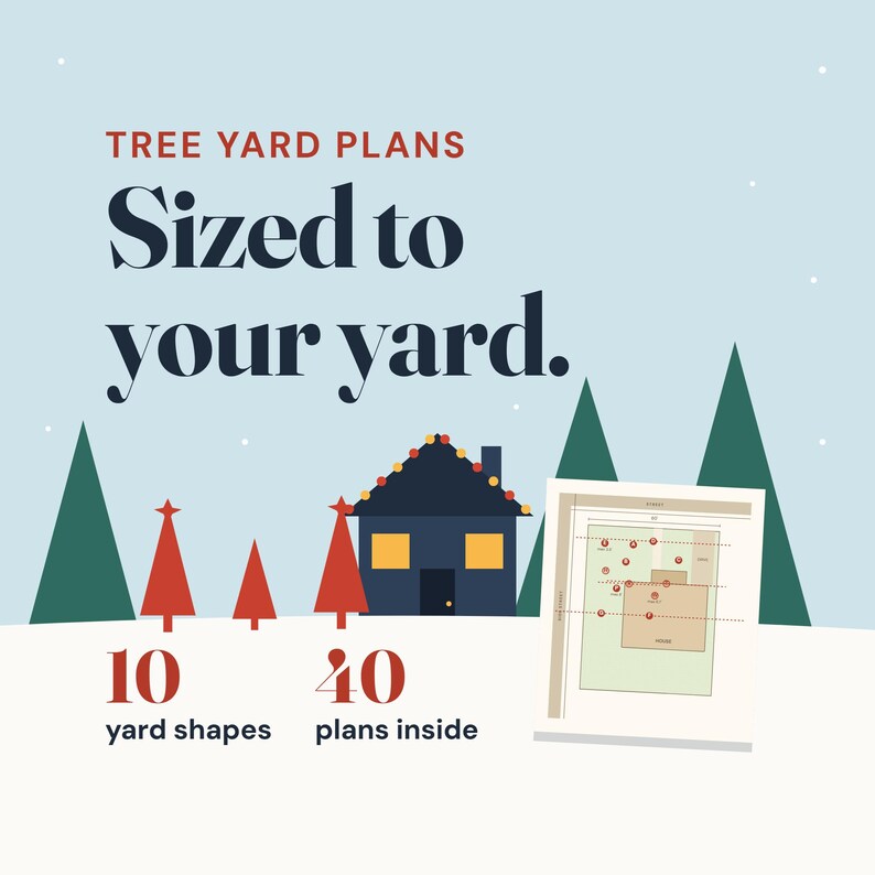 Op de afbeelding: Een grafische advertentie voor tuinplannen met de tekst TREE YARD PLANS Sized to your yard. De afbeelding toont een donker huis met gele ramen, rode bomen en een plattegronddiagram met de tekst 10 yard shapes en 40 plans inside.