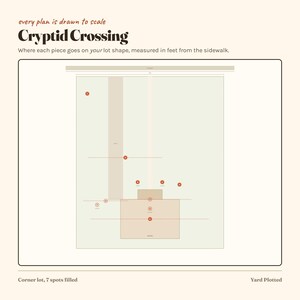 May include: A beige and light green architectural site plan titled Cryptid Crossing. The diagram features a rectangular lot layout with orange circular markers, dashed measurement lines, and text indicating every plan is drawn to scale in feet.