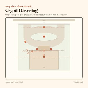 May include: A digital site plan titled Cryptid Crossing with the text every plan is drawn to scale. The diagram shows a rectangular lot layout with a house, driveway, and labelled spots A through H, indicating measurements in feet from the pavement.