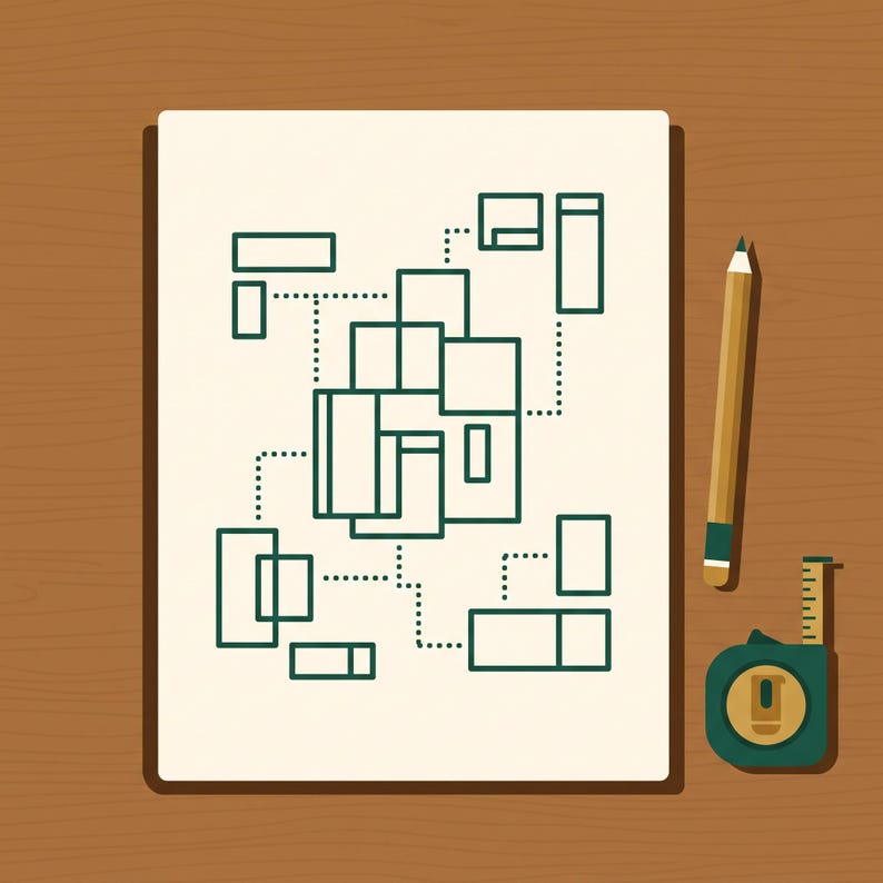 Op de afbeelding: Een wit vel papier met een donkergroene lijntekening van een plattegrond met diverse rechthoekige kamers verbonden door stippellijnen, vergezeld van een houten potlood en een klein groen meetlint met zichtbare markeringen.