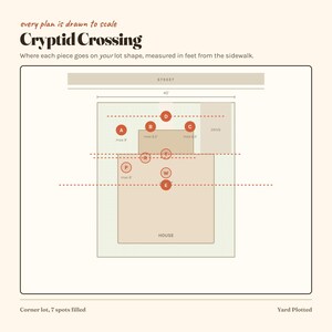 May include: A diagram titled Cryptid Crossing showing a lot layout with a 40-foot width. The plan includes a house, a driveway, and labelled spots A through E, R, T, P, and W, with specific height measurements in feet from the street and pavement.