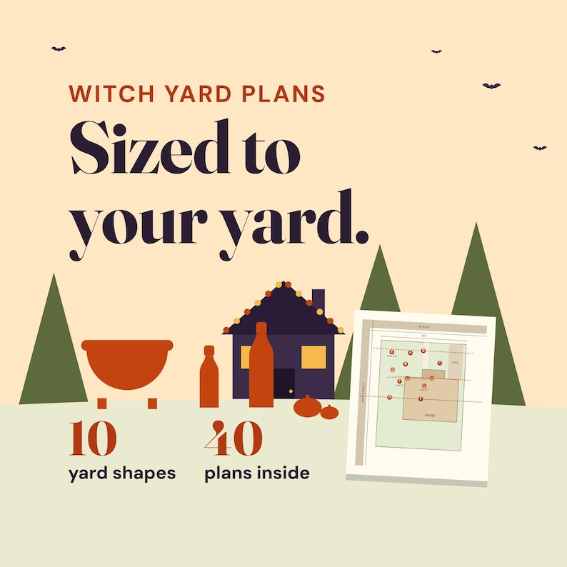 Pode incluir: Planos de jardim de bruxa com o texto 'WITCH YARD PLANS Sized to your yard.' O gr&aacute;fico mostra uma casa, ab&oacute;boras e um diagrama de layout. Inclui o texto '10 yard shapes' e '40 plans inside' com ilustra&ccedil;&otilde;es de um caldeir&atilde;o e garrafas.