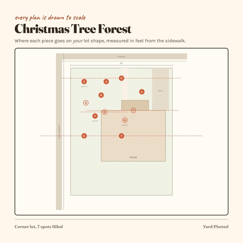 Op de afbeelding: Een schaalplan getiteld Christmas Tree Forest met de indeling van een woonperceel. Het diagram toont een huis, oprit en cirkelvormige markeringen A tot en met H, P, T en W die de plaatsingspunten aangeven, met afmetingen in voet vanaf de stoep.