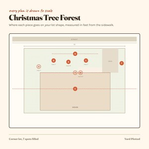 Op de afbeelding: Een schaaltekening getiteld Christmas Tree Forest met de indeling van een woonperceel inclusief huis, oprit en straat. Het plan bevat gelabelde cirkelvormige markeringen A tot en met H die de plaatsingspunten aangeven met maten in voet.
