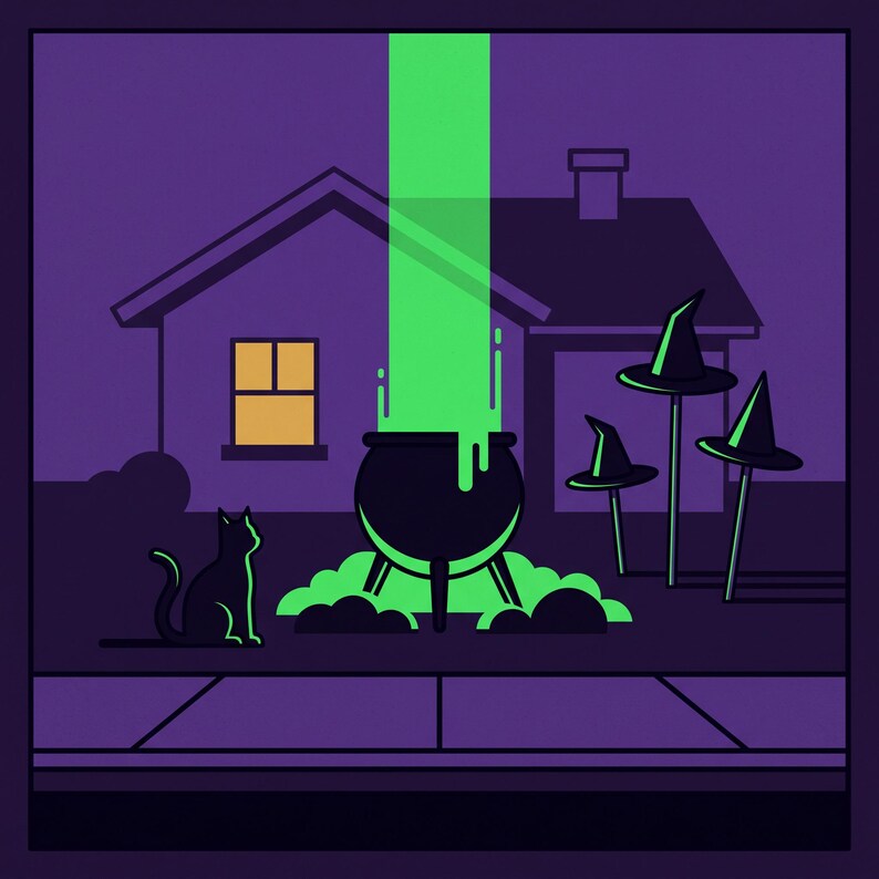 Pode incluir: Uma ilustra&ccedil;&atilde;o digital com um gato preto sentado ao lado de um caldeir&atilde;o escuro que emite um fluxo de l&iacute;quido verde brilhante. Tr&ecirc;s chap&eacute;us pontiagudos em hastes finas est&atilde;o &agrave; direita, diante de uma casa roxa com uma janela amarela.