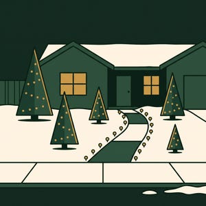Op de afbeelding: Een platte grafische illustratie van een donkergroen huis 's nachts met een besneeuwde tuin. Vijf donkergroene kerstbomen met gouden ronde ornamenten staan in de tuin. Een donker pad leidt naar de voordeur, omzoomd met kleine gouden lichtjes.