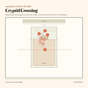 May include: A scale diagram titled Cryptid Crossing showing a lot layout with a house, street, and labelled spots A, B, C, D, P, R, T, and W. The graphic includes measurements in feet, text indicating 4 steps, and a note about a corner lot with 7 spots filled.