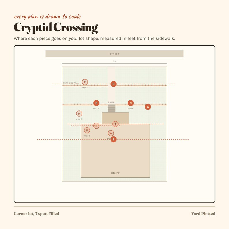 May include: A diagram titled Cryptid Crossing showing a lot layout with a house, street, and labelled spots A through W. The plan includes text stating every plan is drawn to scale and where each piece goes on your lot shape, measured in feet.
