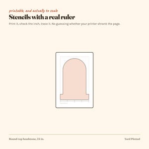 May include: A printable stencil template featuring a round-top headstone shape on a grid background with a 24-inch ruler printed at the base. The text reads: printable, and actually to scale, Stencils with a real ruler, Print it, check the inch, trace it. No guessing whether your printer shrank the page. Round-top headstone, 24 in. Yard Plotted.