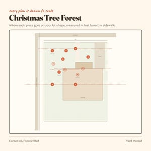Op de afbeelding: Een schaalplan getiteld Christmas Tree Forest met de indeling van een woonperceel. Het diagram toont een huis, oprit en cirkelvormige markeringen A tot en met H, P, T en W die de plaatsingspunten aangeven, met afmetingen in voet vanaf de stoep.