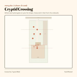 May include: A scale diagram titled Cryptid Crossing showing a rectangular lot layout with a house, pavement, and street. The plan includes red circular markers labelled with letters A through F and P, W, E, indicating placement spots in feet.