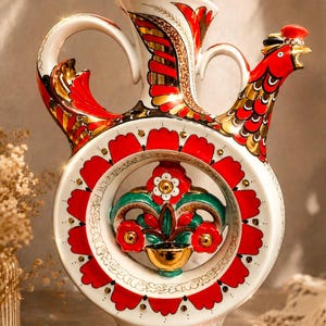 Könnte beinhalten: Ein weißer Keramikkrug mit einem kreisförmigen Körper und einem zentralen Ausschnitt, der ein Blumenmotiv enthält. Das Gefäß ist mit roten, grünen und goldenen Akzenten verziert, darunter ein hahnenförmiger Ausguss und ein Henkel mit Golddetails.