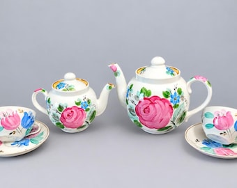 Vintage russisches Dulevo Agashki Rosen-Teeservice, handbemaltes sowjetisches Porzellan, Goldrand (6-teilig)